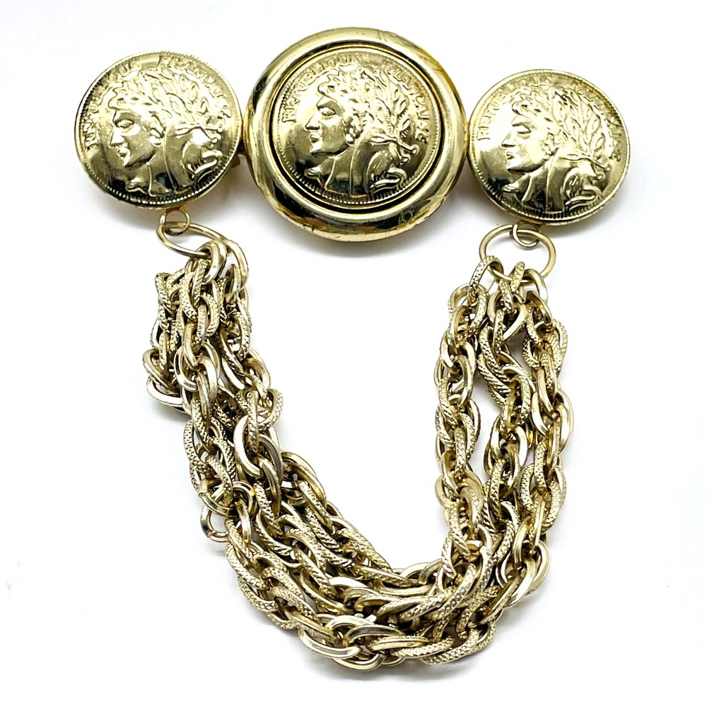 Vintage Republique Francaise Faux Coin Brooch Gold Tone Triple Chain Dangle Pin